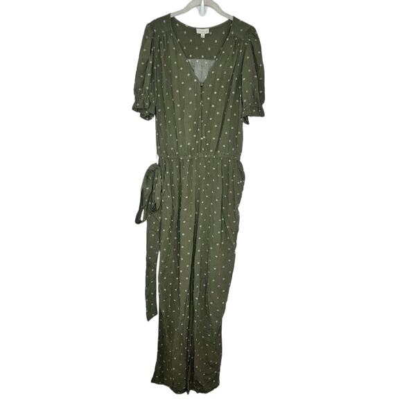 Lucky Brand Pants - Lucky Brand Womens Sage Green Floral Button Front Short Sleeve Jumpsuit Size M